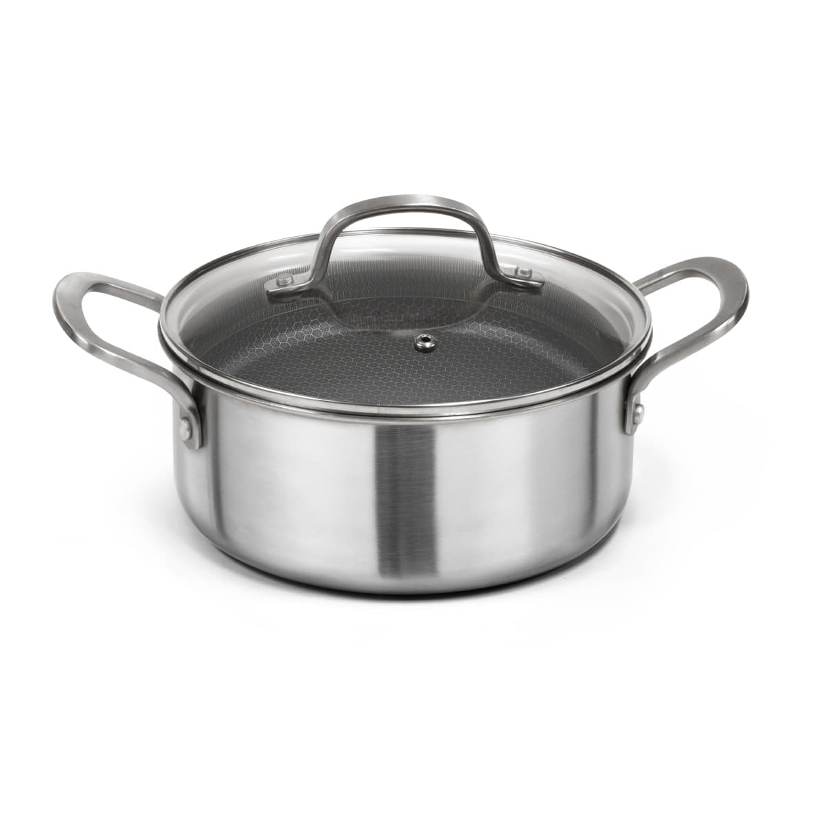 Olla Professional Acero Inoxidable, Antiadherente, Tapa de Vidrio Tri Ply 20 Cm.